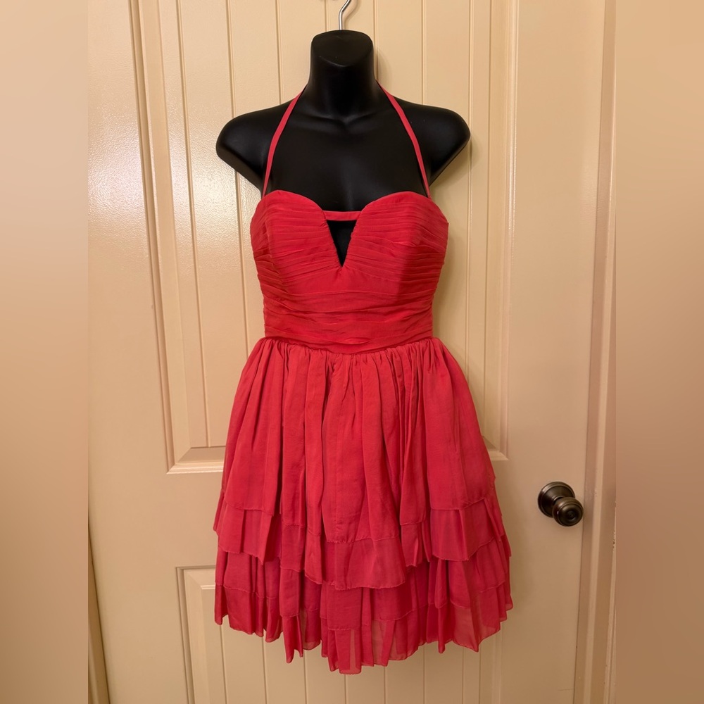 NWT Y2K bebe Chloe Strapless Halter Hot pink tiered Dress size M